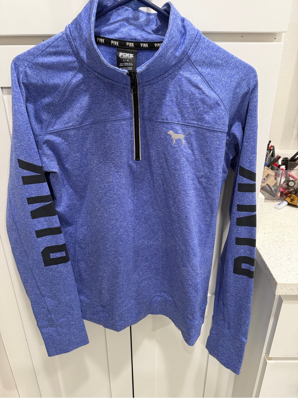 PINK Quarter-Zip Pullover in Heather Blue Large